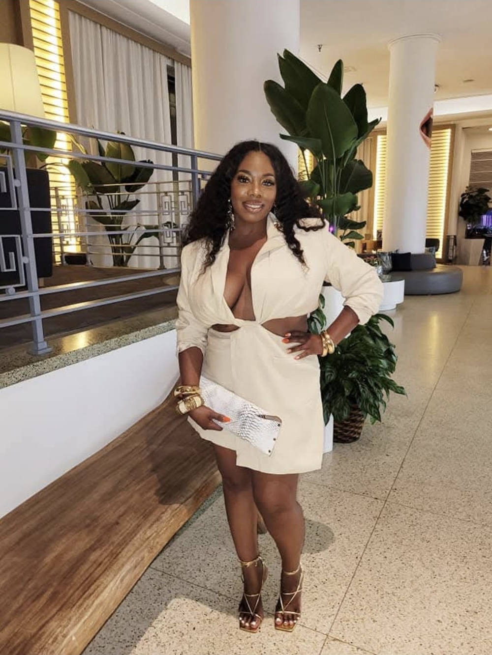 Beige Cutout Mini Dress with Plunging Neckline